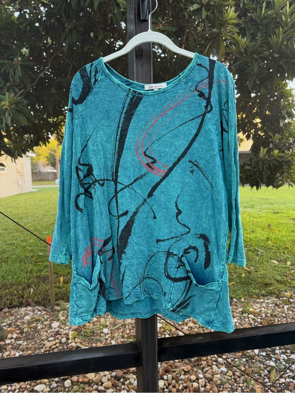 NWOT Jess & Jane Teal Mineral Wash Abstract Tunic Top XL M12-000